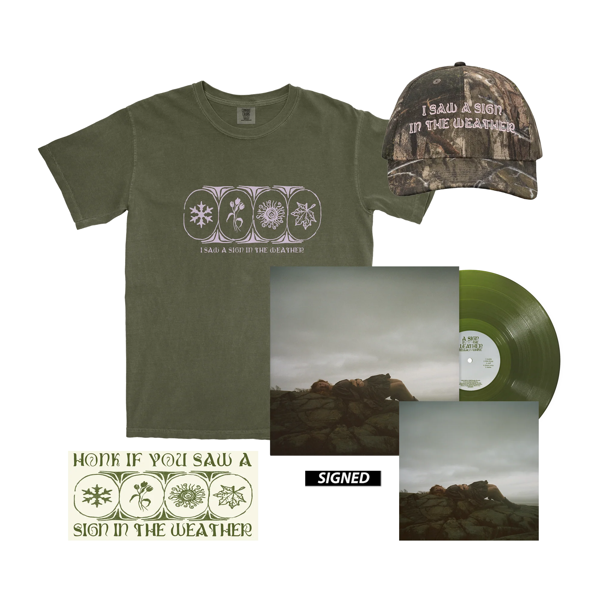 A Sign In The Weather Translucent Forest Green Vinyl + Signed Print + Tee + Hat + Bumper Sticker